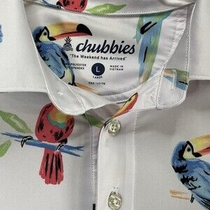 Chubbies Men's Golf Polo Shirt Tropical Parrots Birds Colorful White Large